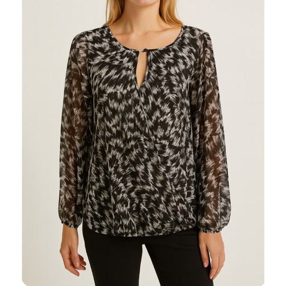 Vince Camuto blouse sheer crossover long sleeve top SZ S black & white key hole - Picture 1 of 10